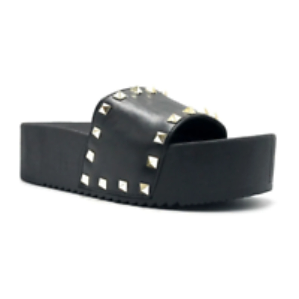 Black and gold studs slides wedges